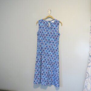 Susan Graver Blue Geometric Print Liquid Knit Sleeveless Stretch Dress Sz XS